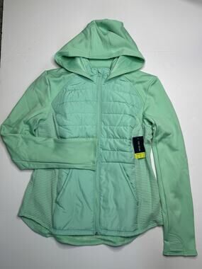 Tek Gear Womens L Shy Green Hooded Mixed Media Puffer Jacket Full Zip NWT